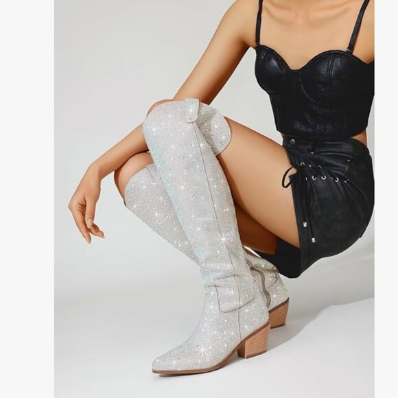 Rhinestone Over the Knee Cowboy Boots, Sparkly Bling Cowgirl Boots - Size 9 - Picture 5 of 8